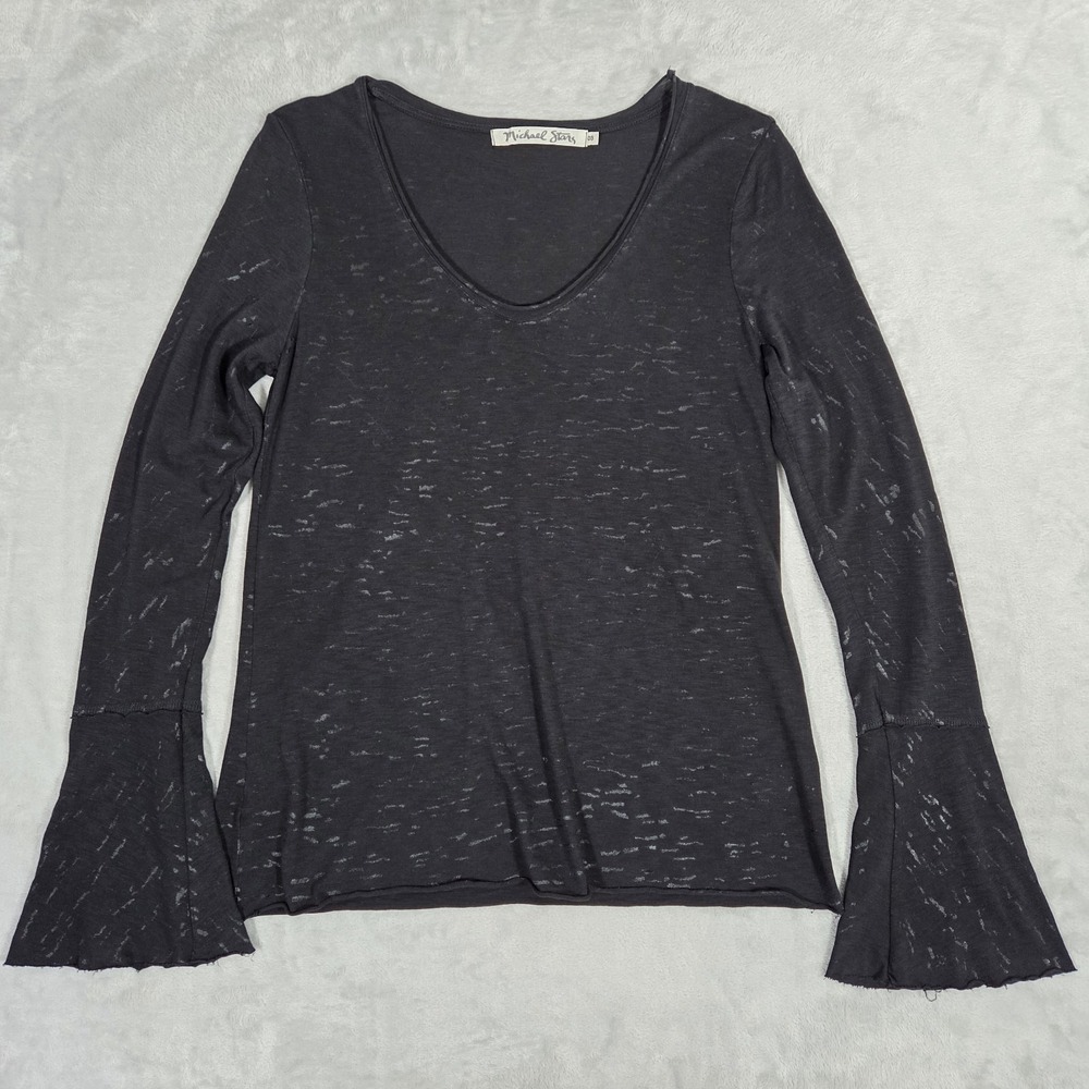 Michael Stars Supima Cotton Slub Long Sleeve Tee Black Flare Cuffs OS 8913